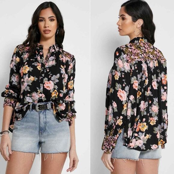 Free People Black Floral Mixed Media Hold Onto Me Long Sleeve Blouse Sz L Boho - Picture 1 of 11